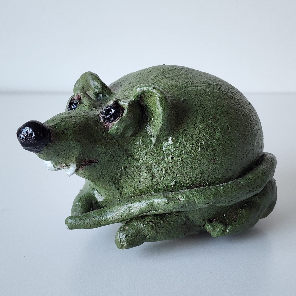 Rat Figurine Handmade Heavy Red Clay 6" Green Painted Pottery Folk Art Sculpture